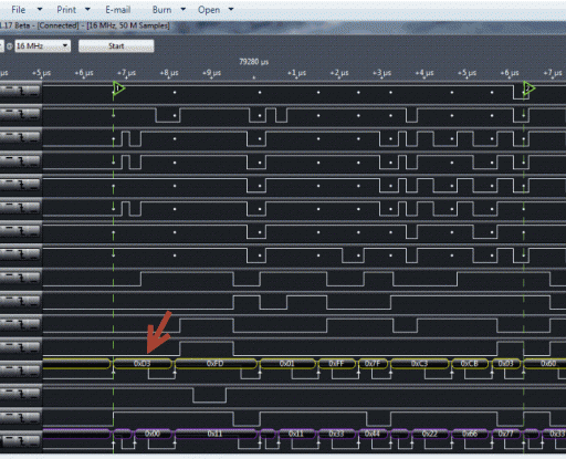 Sinclair ZX81 connected to a logic analyzer shows executing instructions from ROM