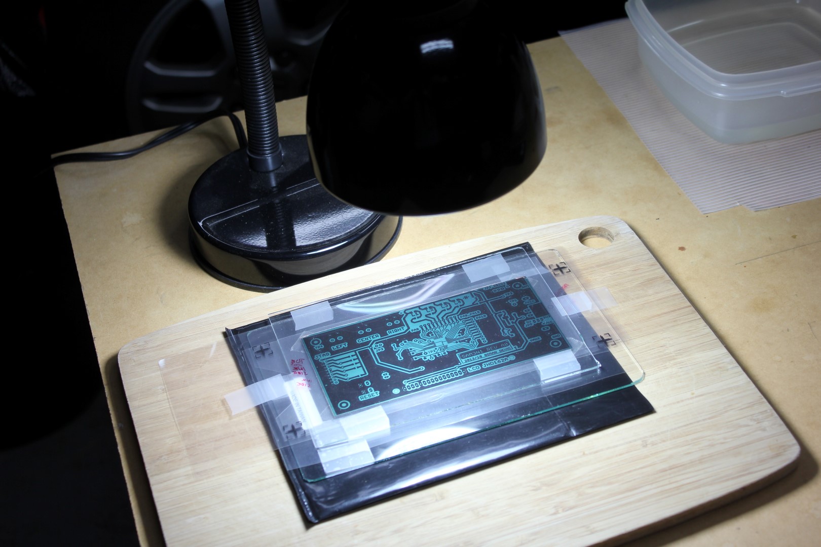 PCB exposure with developer ready (in the plastic container)