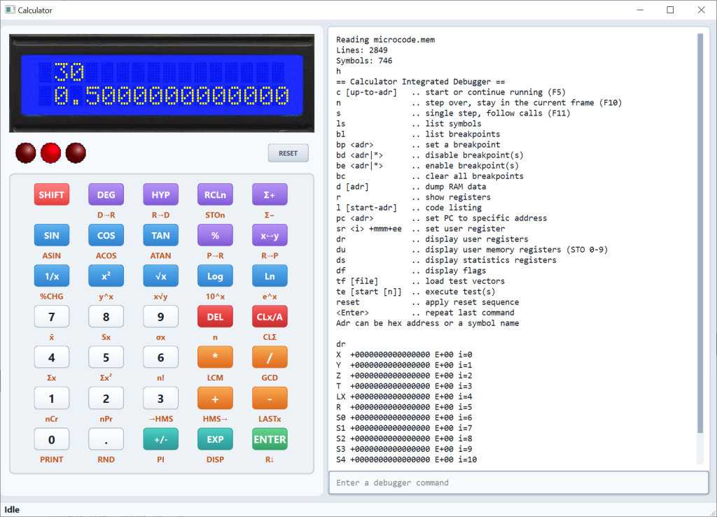Qt simulator showing the calculator after computing sin(30) = 0.5, with the debugger showing the dr (display registers) command output alongside.